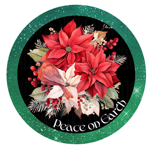 Poinsettia and cardinal wreath sign, peace on earth sign, metal wreath sign, round wreath sign, door decor, Lindys sign creations