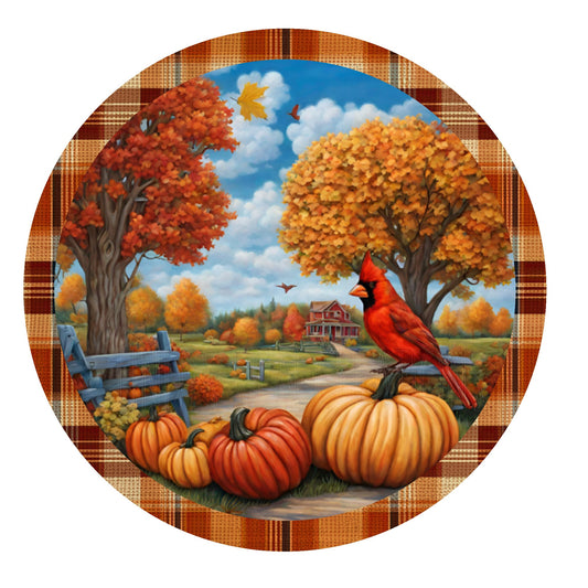 Cardinal on pumpkin fall wreath sign, metal wreath sign, round wreath sign, door decor, Lindys signs