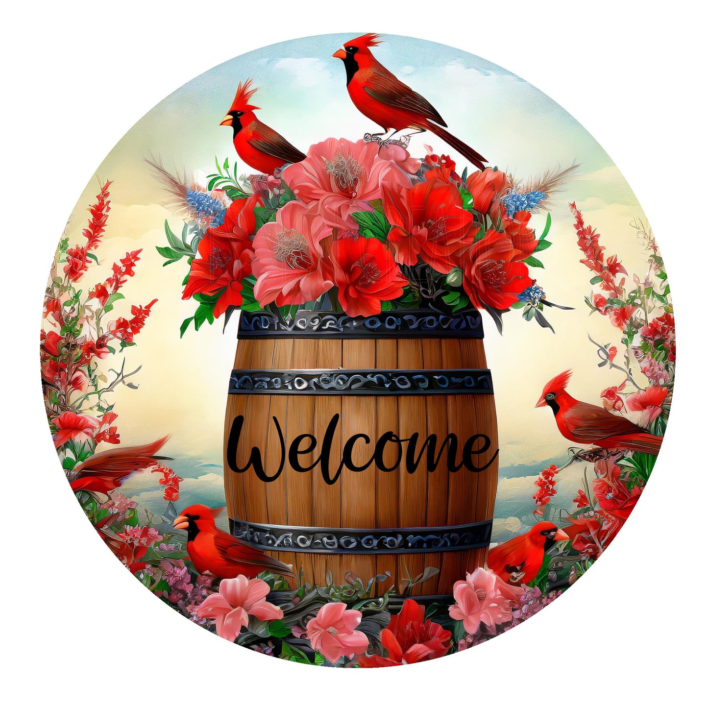 Cardinal on flower barrel welcome wreath sign, round wreath sign, metal sign, door decor, farmhouse decor, Lindys signs