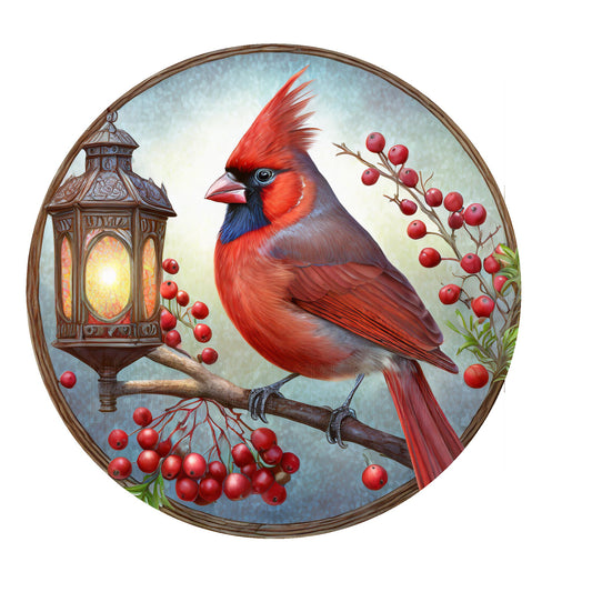 Cardinal with lantern wreath sign, metal wreath sign, round wreath sign, door decor, Lindys signs