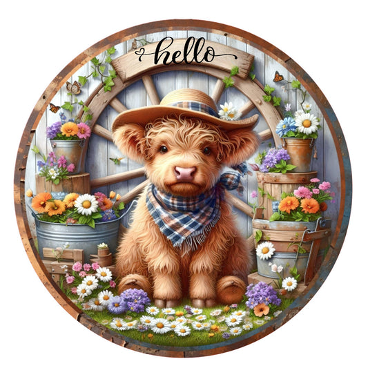 Highland cow with flowers wreath sign, metal wreath sign, round wreath sign, farmhouse, door decor, Lindys Signs