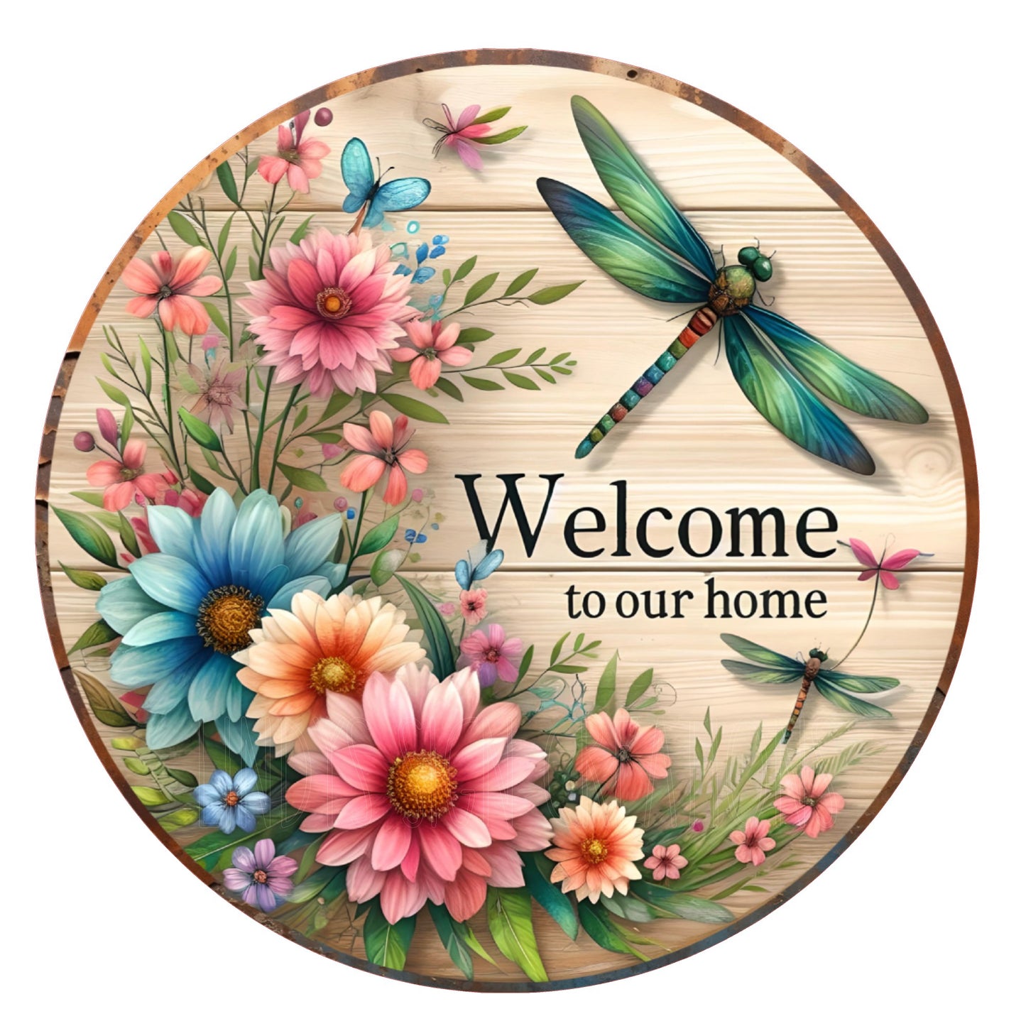 Dragonfly welcome to our home wreath sign, metal wreath sign, round wreath sign, door decor, farmhouse, Lindys Signs