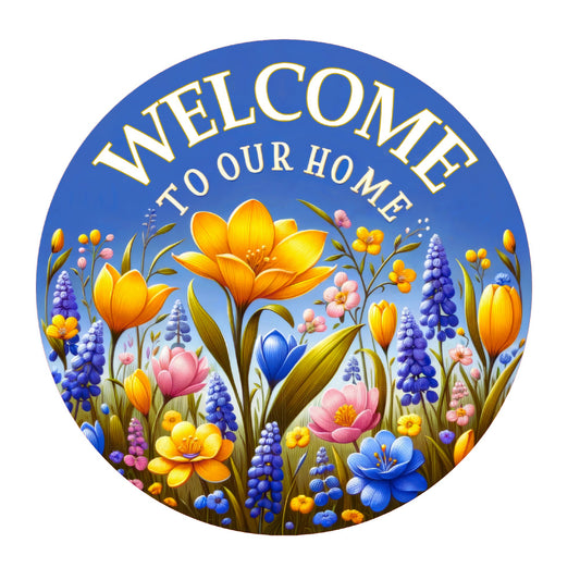 Blue floral welcome to our home wreath sign, metal wreath sign, round wreath sign, door decor, Lindys signs