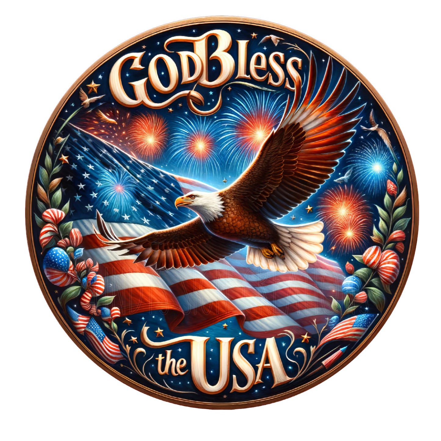 God bless the USA eagle and flag wreath sign, metal wreath sign, round wreath sign, door decor, July 4 decor, Lindys signs