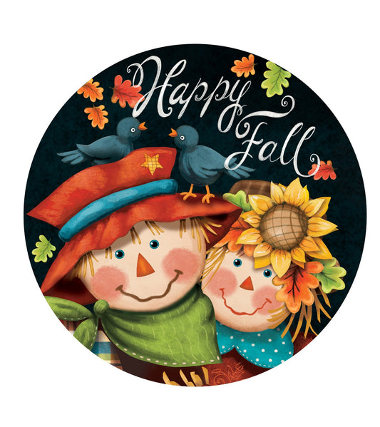 Scarecrow happy fall wreath sign, round wreath sign, wreath attachment, metal sign