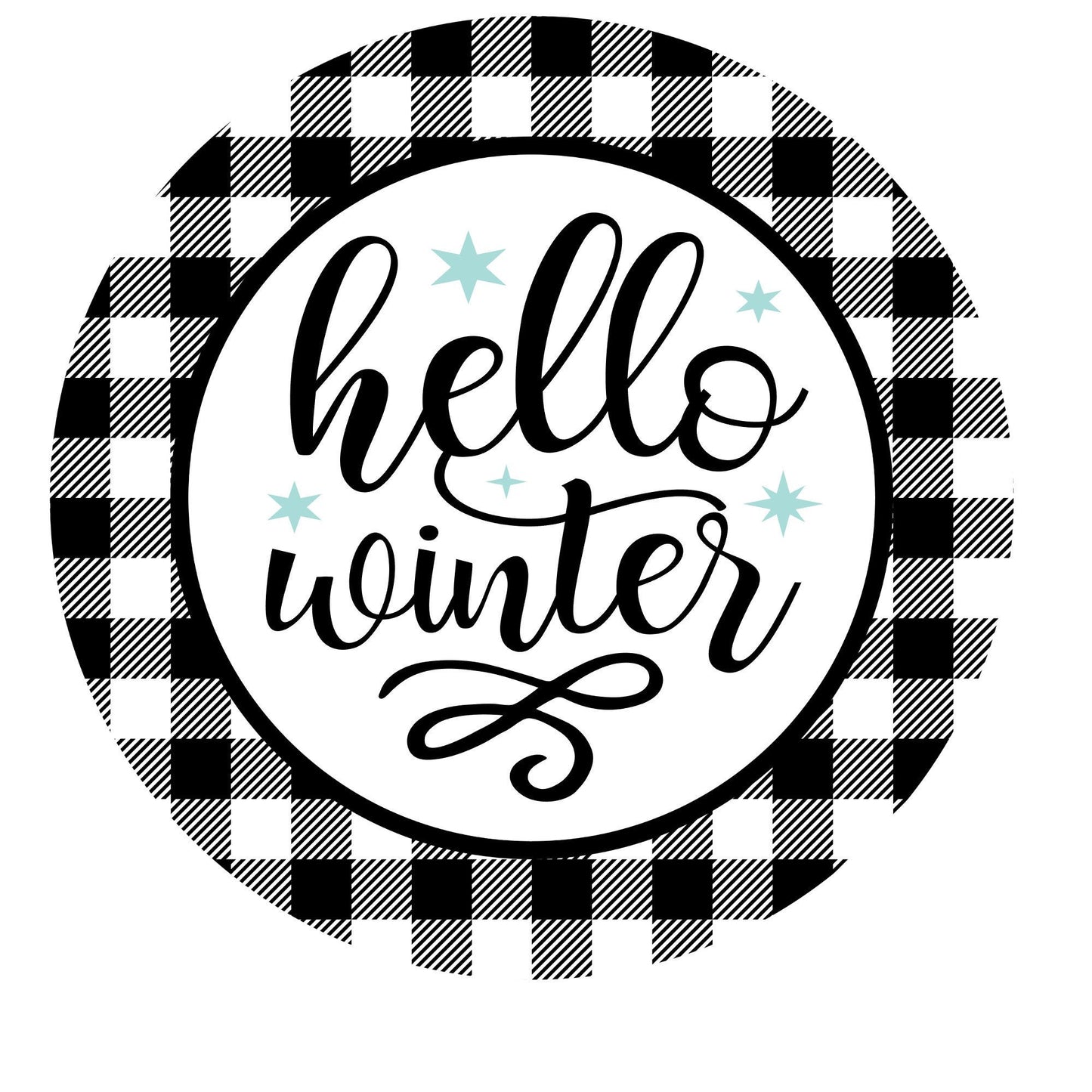 Hello winter round buffalo plaid wreath sign, wreath attachment, metal sign, door hanging