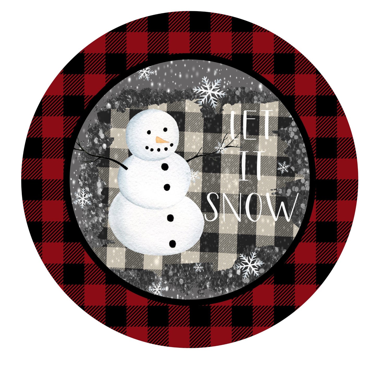 Buffalo plaid snowman sign, let it snow sign, snowman sign, round wreath sign, door hanging, metal sign, winter sign