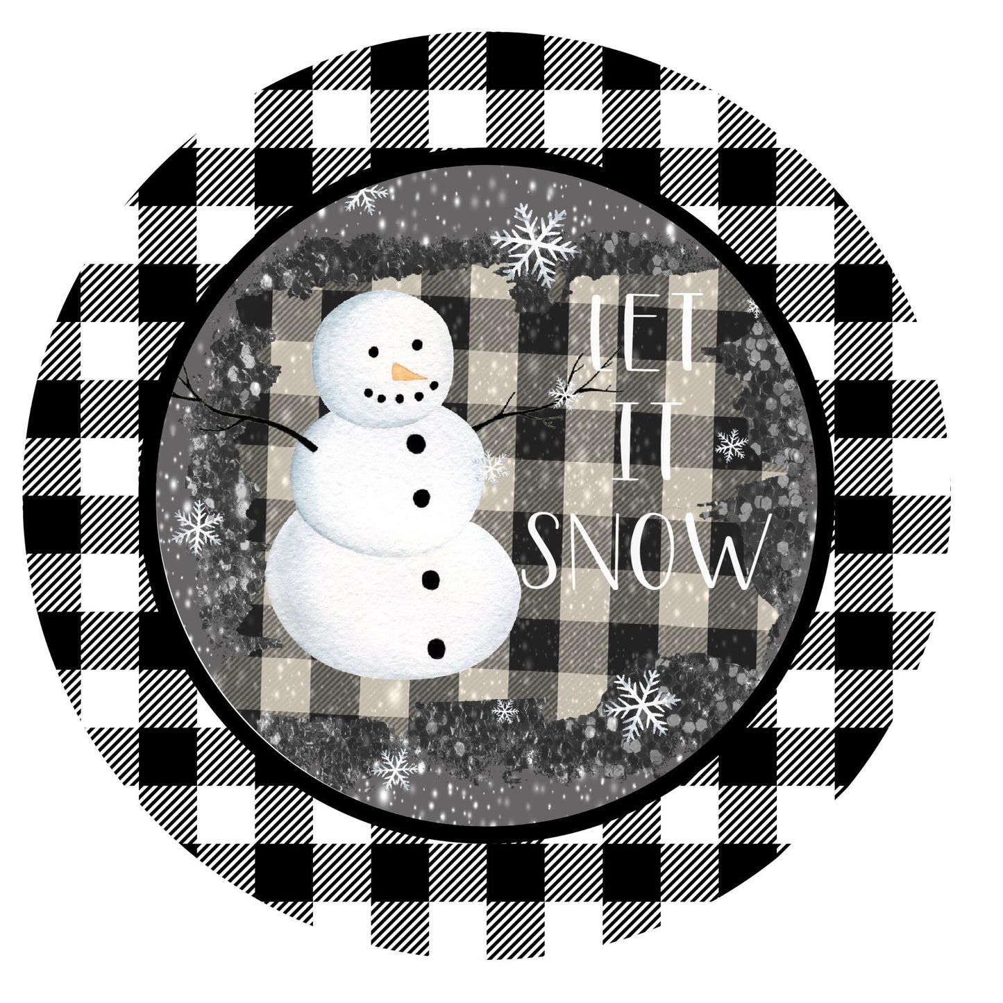 Buffalo plaid snowman sign, let it snow sign, snowman sign, round wreath sign, door hanging, metal sign, winter sign