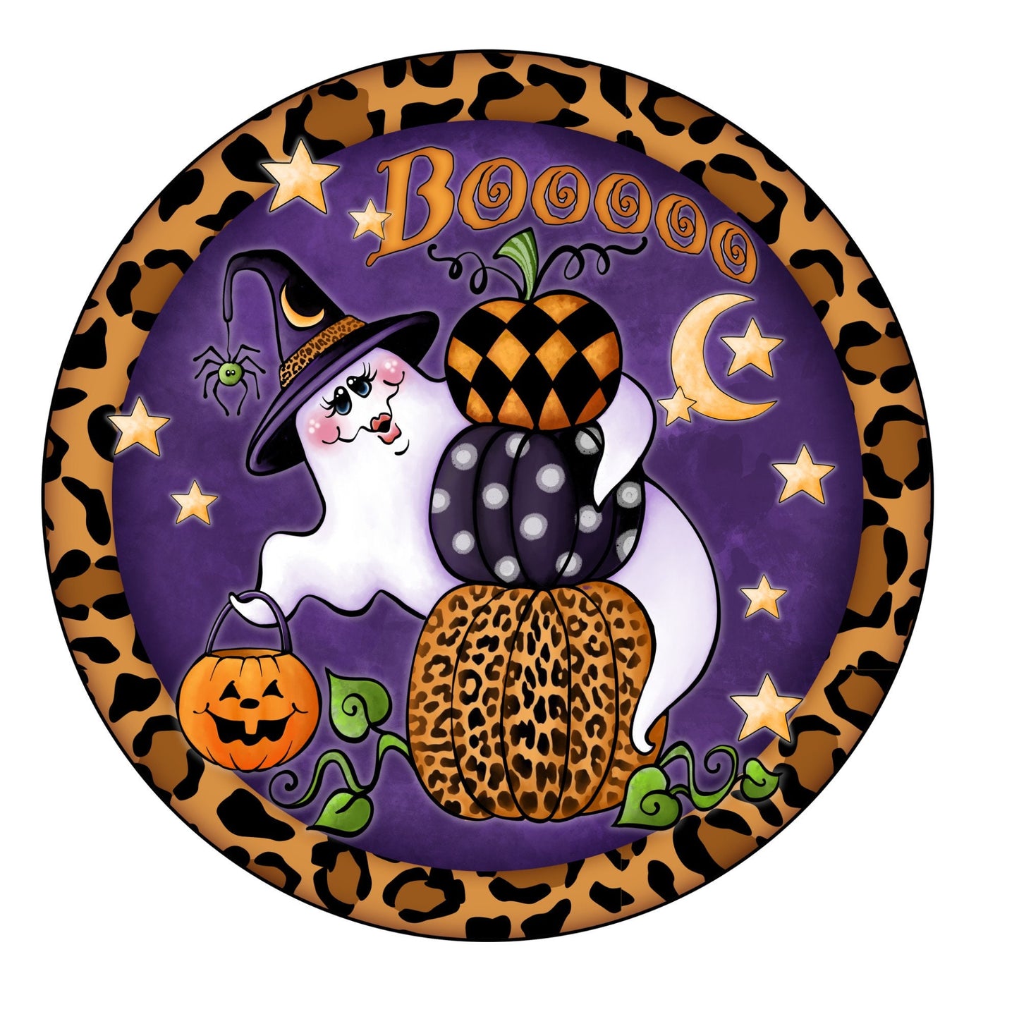 Leopard frame boo ghost halloween wreath sign, wreath attachment, metal sign, door hanging, lindys sign creations