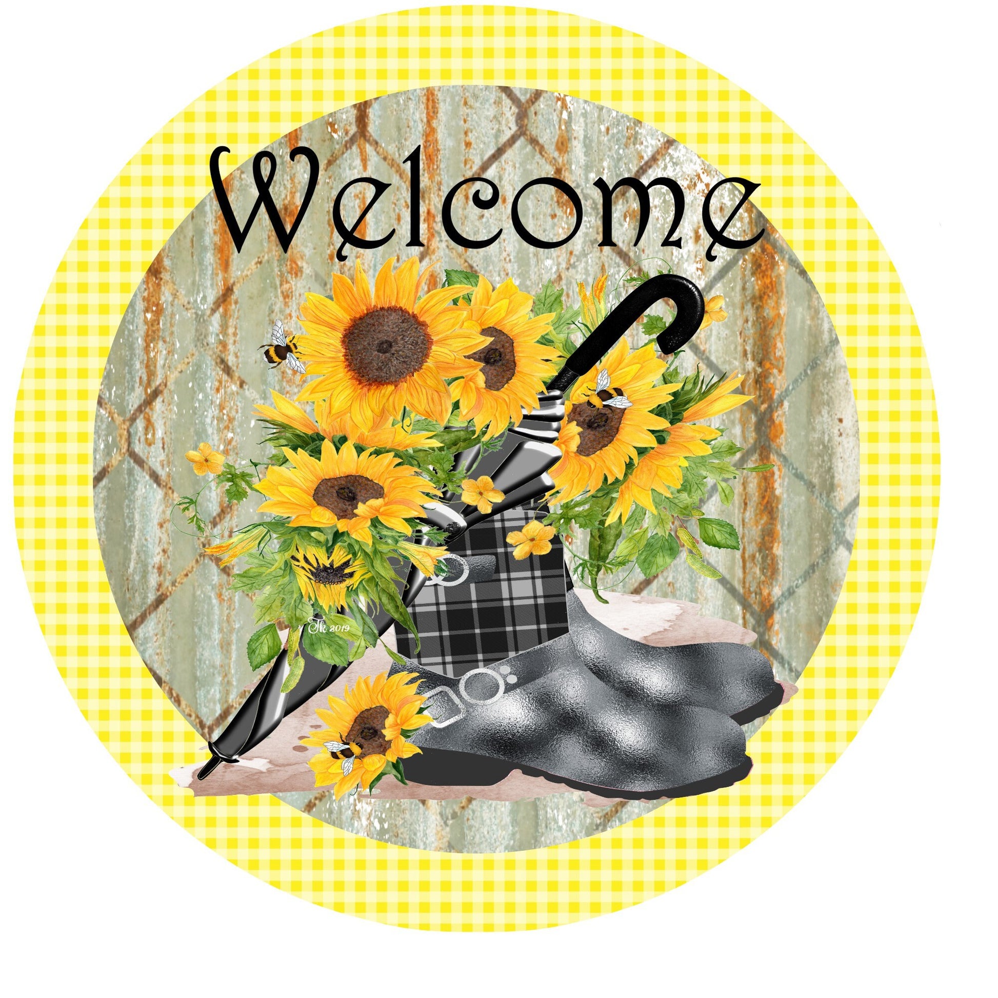 Welcome with sunflowers and rain boots wreath sign, wreath attachment, metal sign, round wreath sign, sunflower sign, door hanging