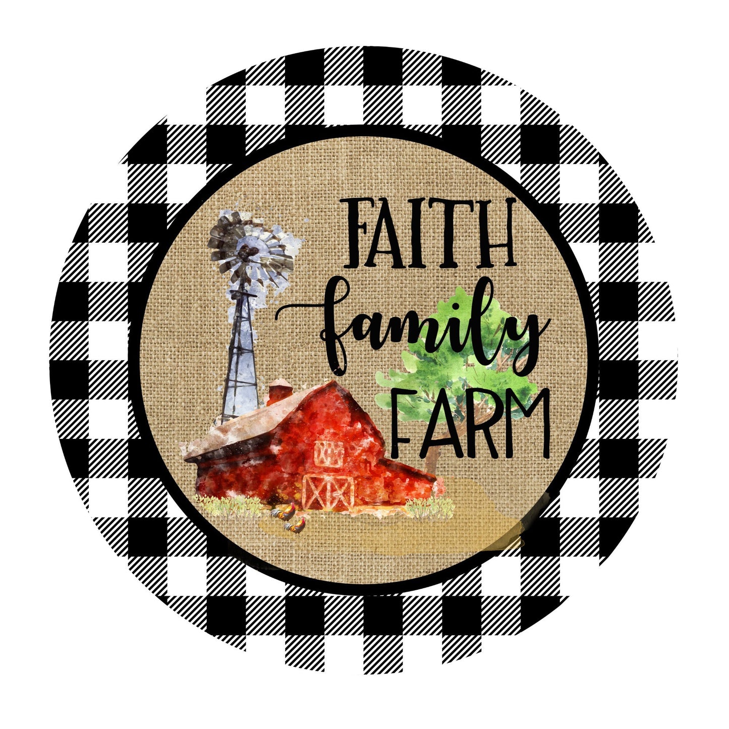 Faith farm family wreath sign, round wreath sign, wreath attachment, metal sign, door hanging