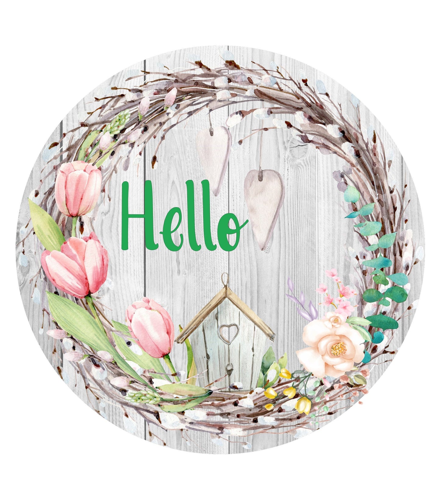 Hello round floral wreath sign, wreath attachment, metal sign, door hanging, hello sign