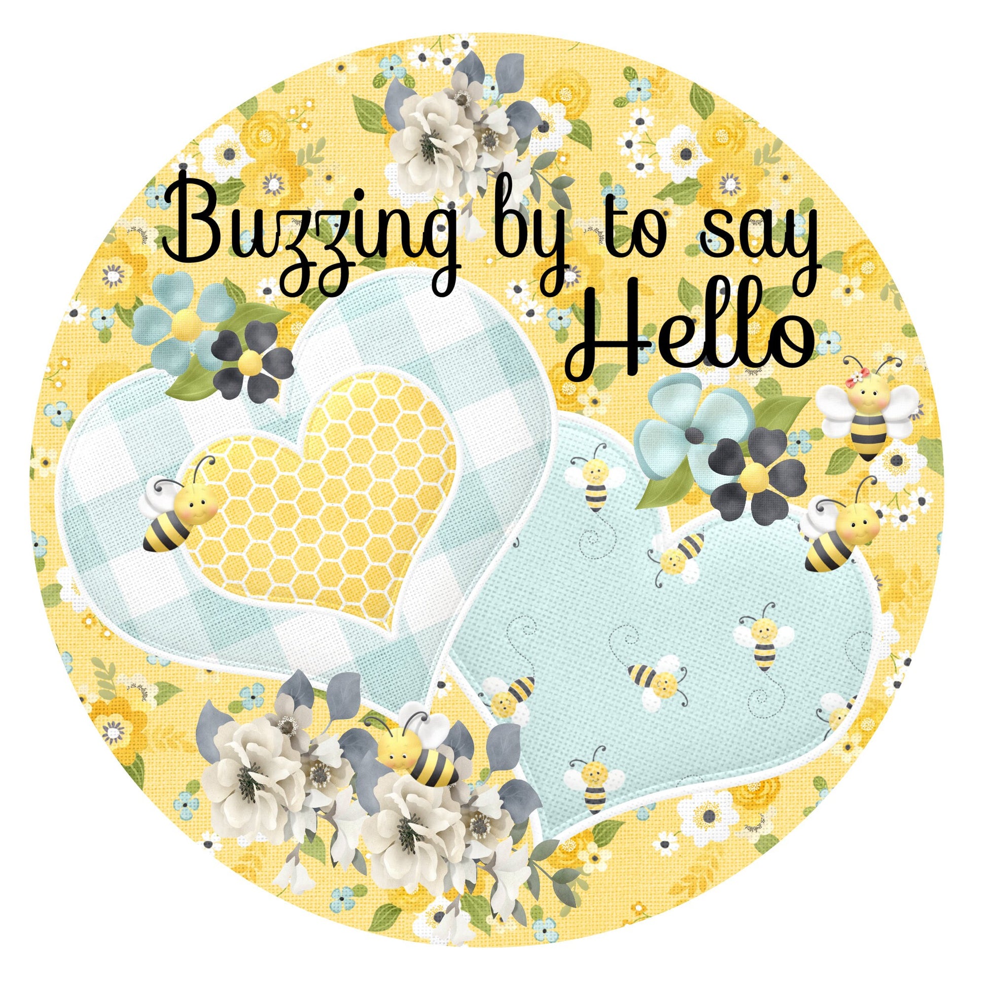 Round bee wreath sign, wreath attachment, metal sign, door hanging, bee hello metal sign