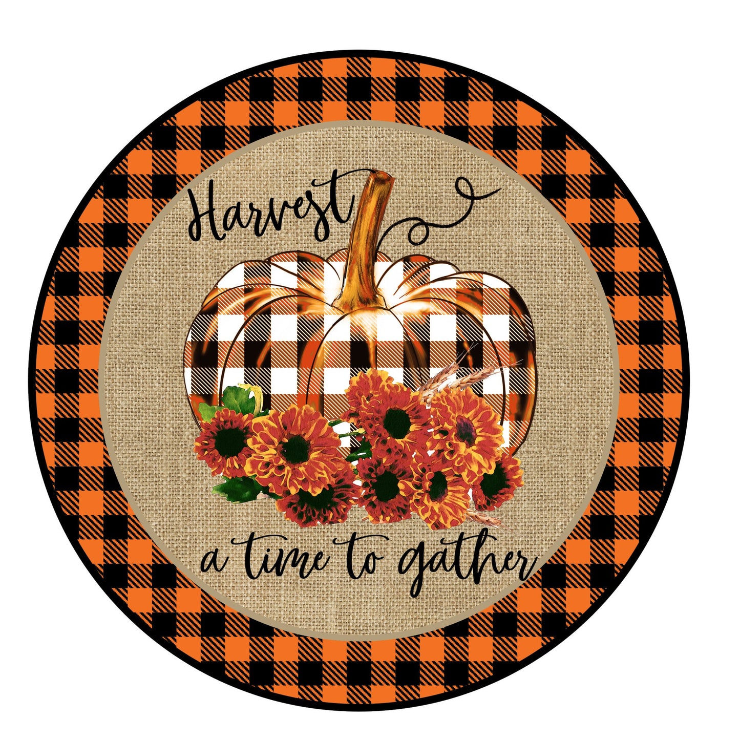 Round harvest pumpkin wreath sign, wreath attachment, buffalo plaid wreath sign, round wreath sign, metal sign