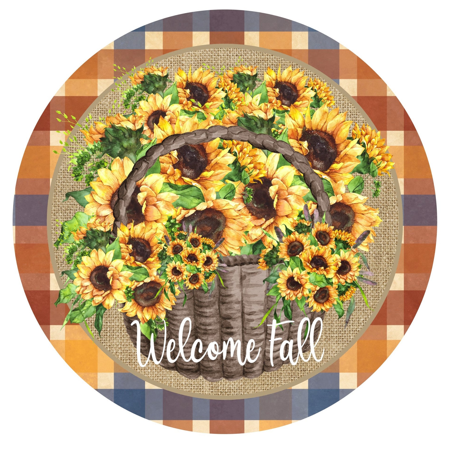 Fall sunflower basket wreath sign, round wreath sign, metal sign, fall sign