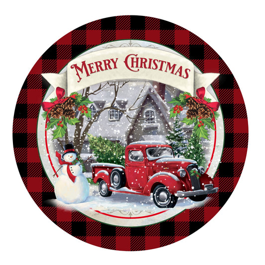 Merry Christmas wreath sign, red truck and Christmas tree, wreath attachment, metal sign for wreaths