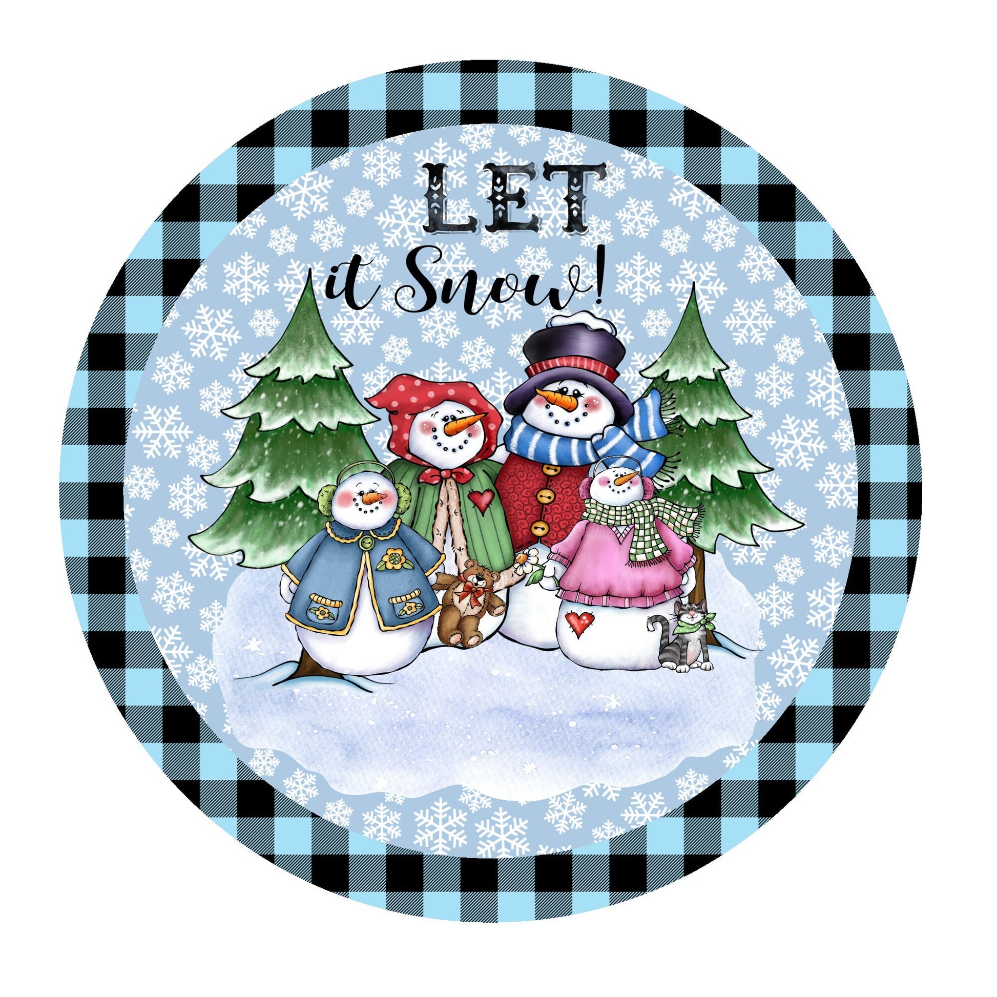 Let it snow snowman family wreath sign, metal wreath sign, winter wreath sign, metal door hanging