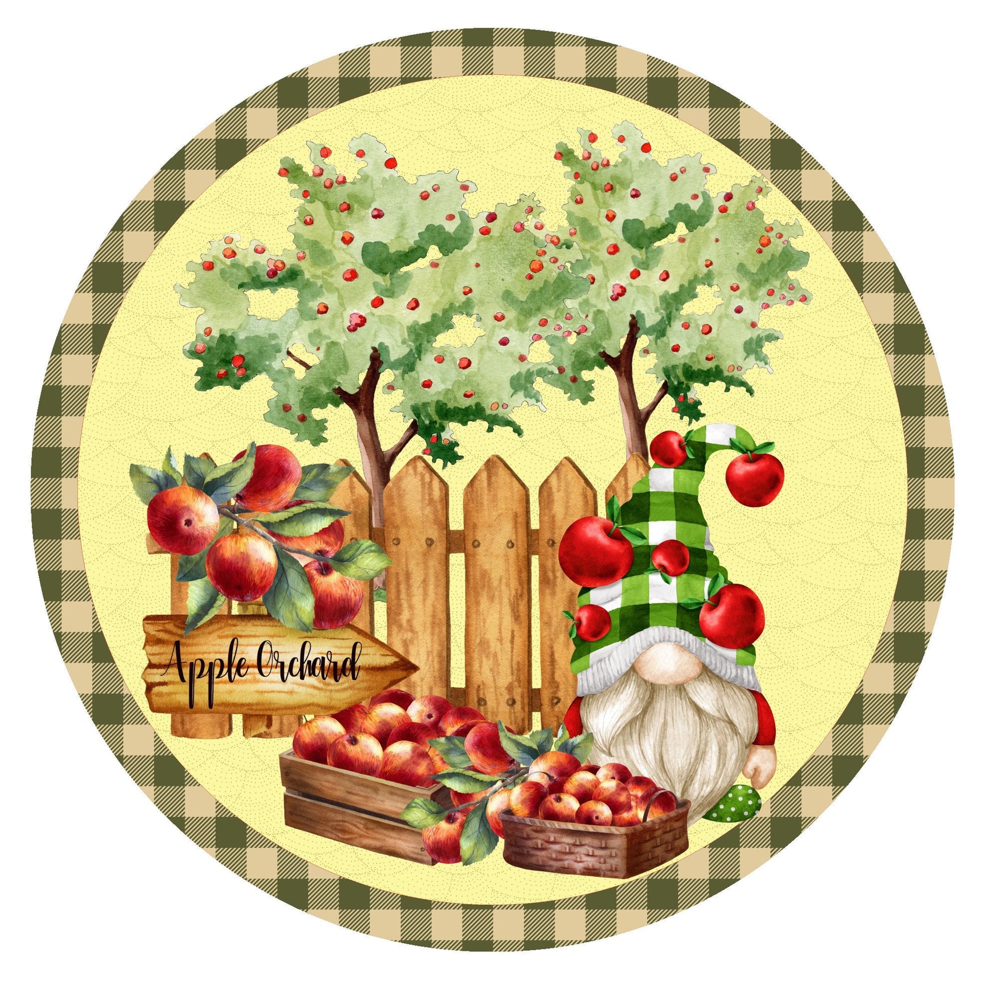 Gnome fall apple orchard wreath sign, wreath attachment, metal wreath sign, round wreath sign