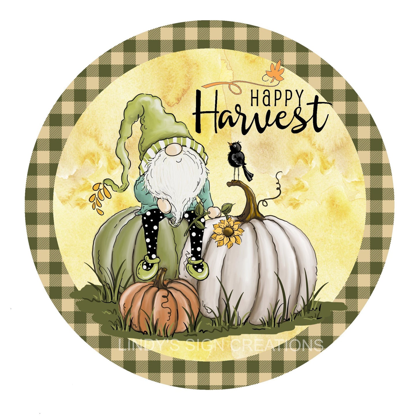 Gnome happy harvest wreath sign, fall wreath center, metal wreath sign, metal door hanging