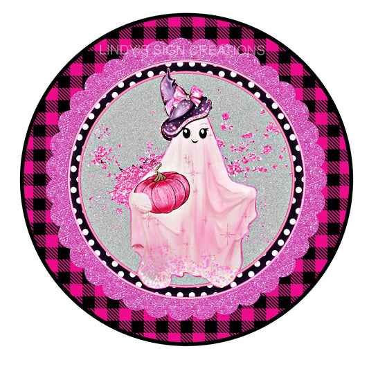 Pink ghost Halloween wreath sign, wreath center, metal wreath sign, door hanging