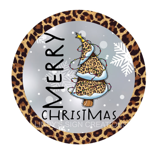 Leopard Christmas tree wreath sign, wreath center, metal wreath sign, door hanging