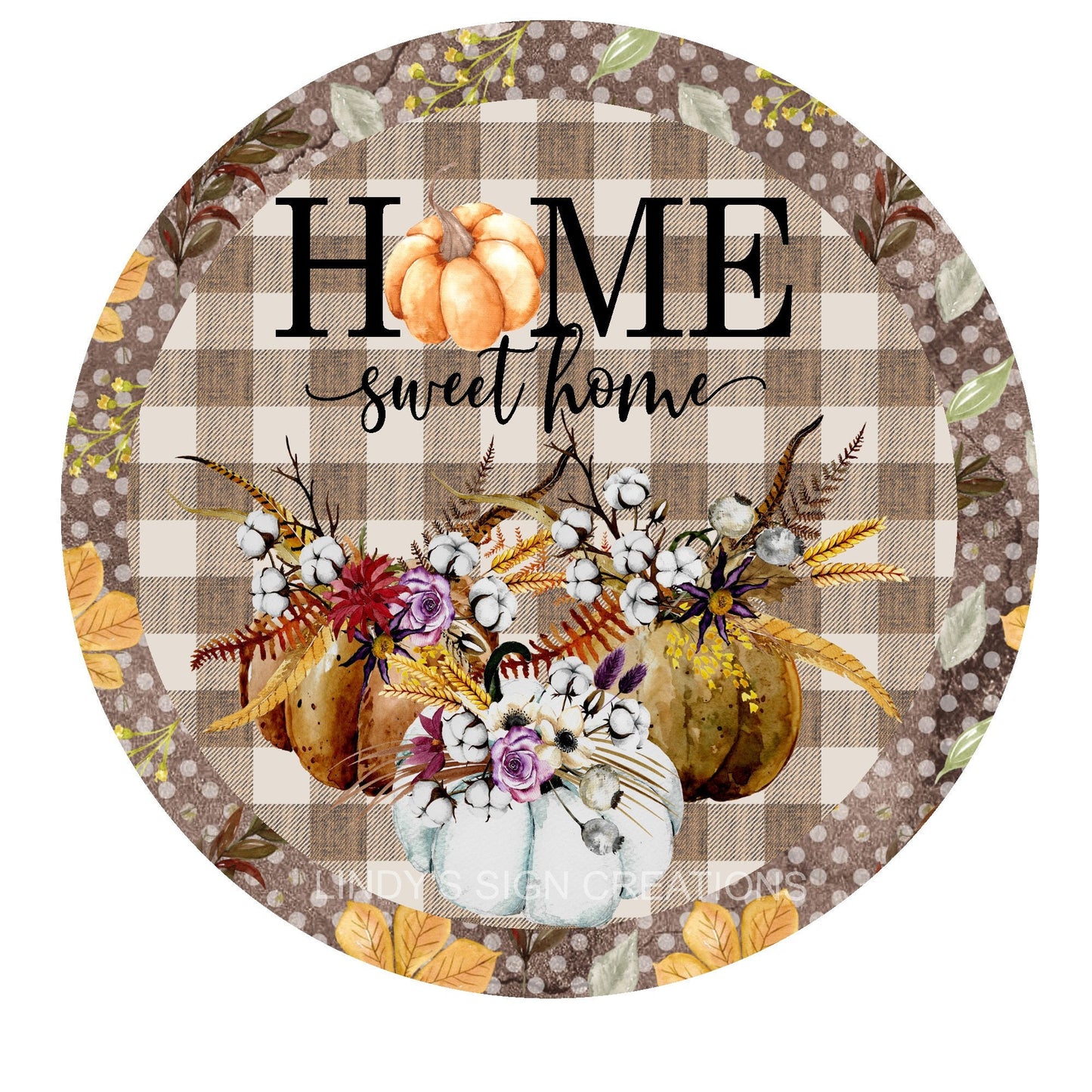 Fall home sweet home wreath sign, metal wreath sign, round wreath sign, pumpkin wreath sign