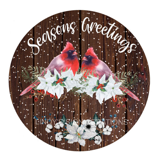 Seasons greetings cardinal wreath sign, metal wreath sign, holiday wreath center, metal door hanging