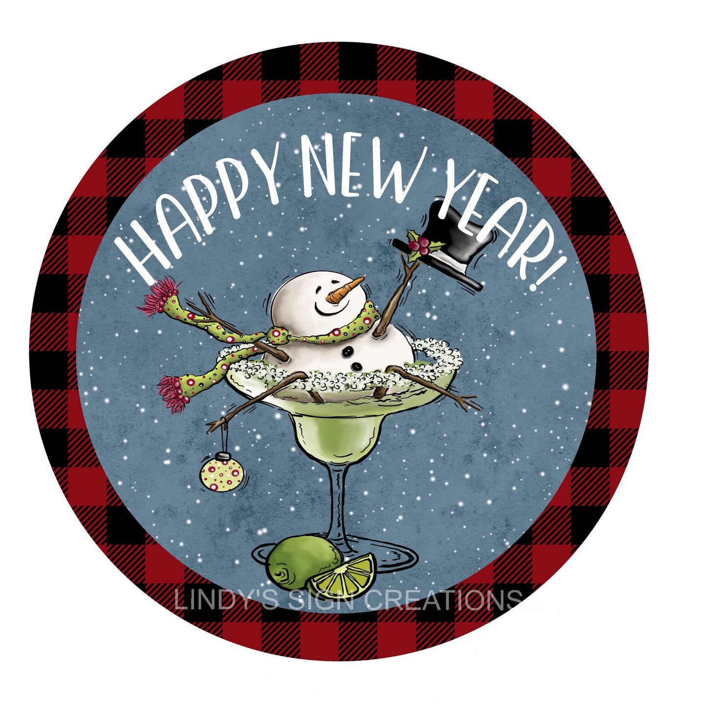 Snowman margarita wreath sign, happy new year wreath sign, metal wreath center, door hanging