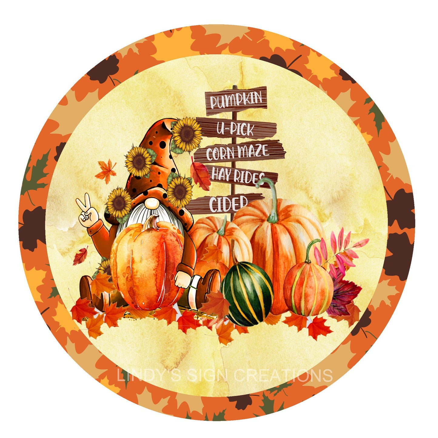 Fall gnome pumpkin wreath sign, metal wreath sign, fall wreath center, round wreath sign