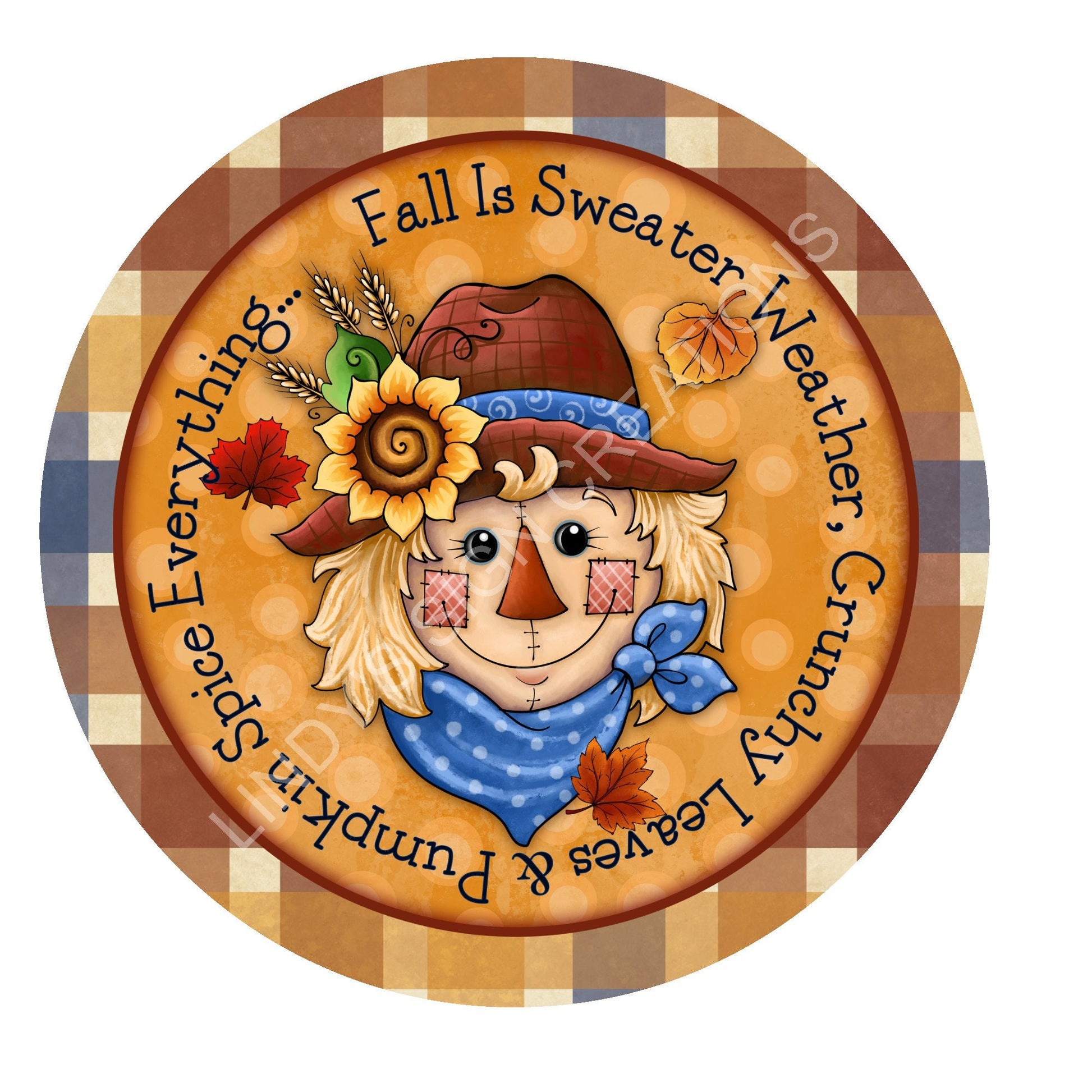 Fall scarecrow wreath sign, metal wreath sign, round wreath sign, fall door hanging