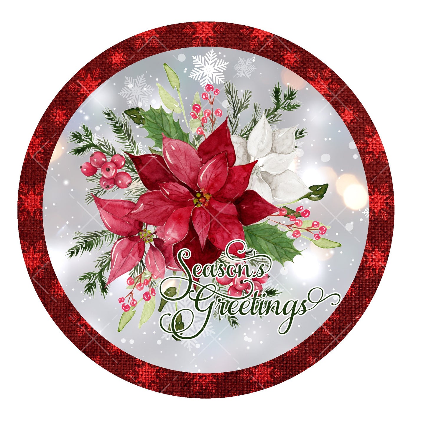 Poinsettia seasons greetings wreath sign, metal wreath sign, round wreath center, holiday wreath sign