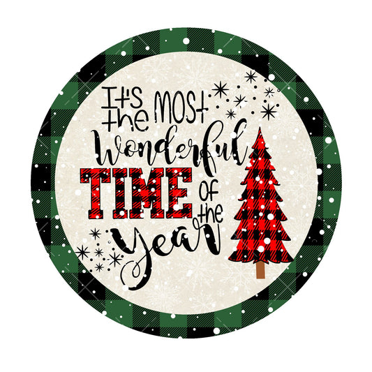 It's the most wonderful time of the year wreath sign, metal wreath sign, buffalo plaid wreath center, holiday door hanging