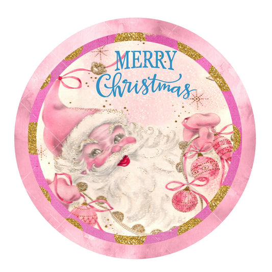 Retro pink Santa wreath sign, metal wreath sign, Christmas wreath center, round wreath sign