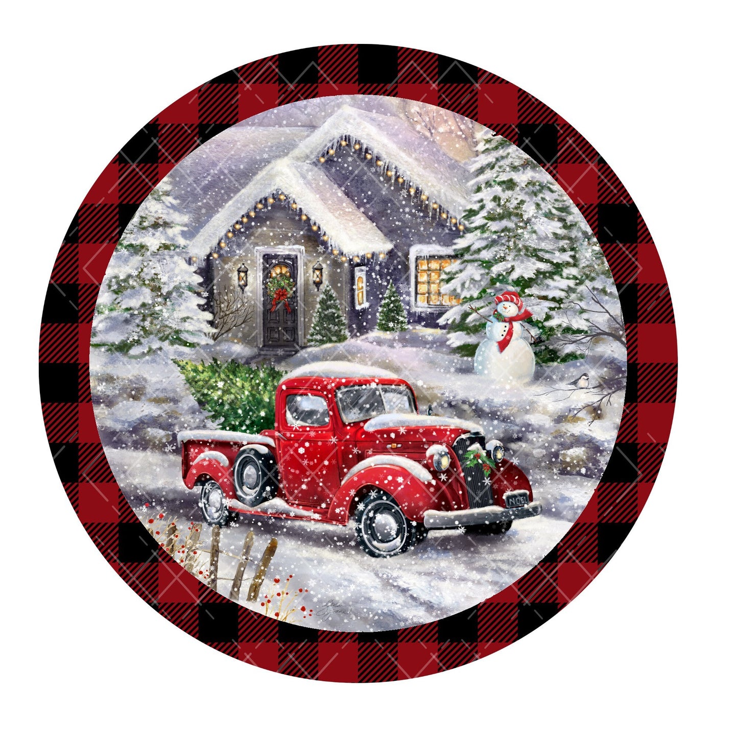 Red truck Christmas wreath sign, metal wreath sign, buffalo plaid wreath center, round wreath sign