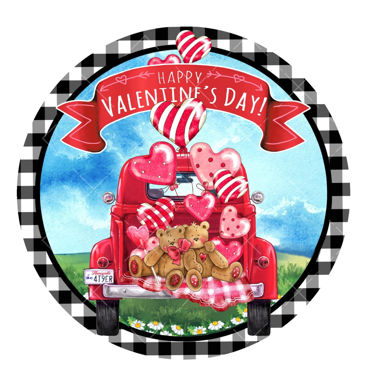 Happy valentine day wreath sign, metal wreath sign, red truck wreath center, round wreath sign