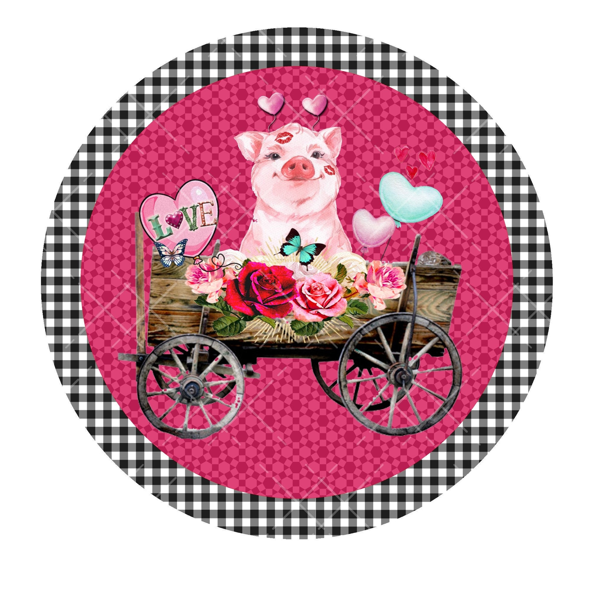 Cute pig in wagon valentine day wreath sign, metal wreath sign, round wreath sign, signs for wreaths