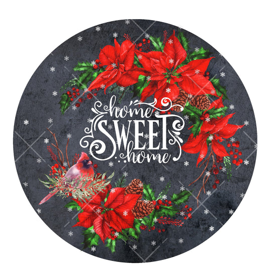 Home sweet home cardinal wreath sign, poinsettia wreath center, winter wreath sign