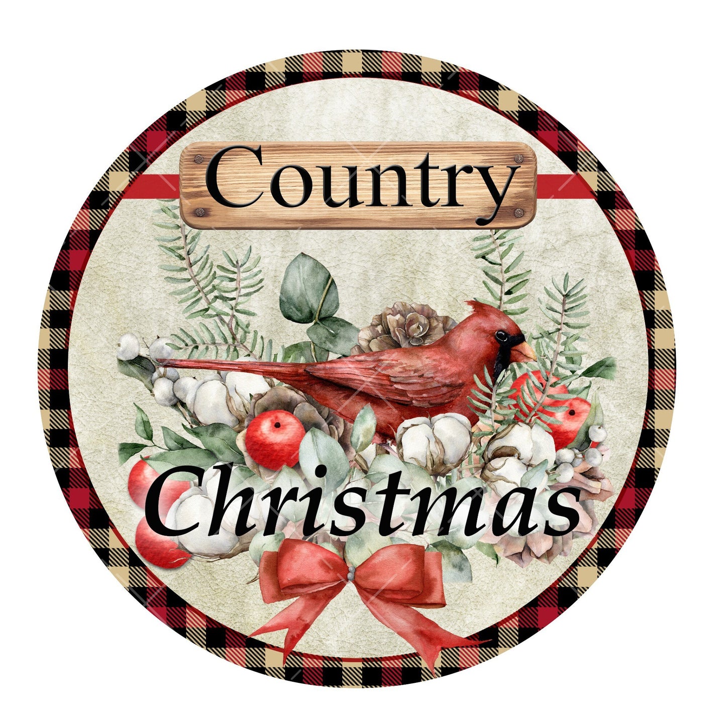 Country Christmas wreath sign, cardinal wreath sign, metal wreath sign, round wreath center