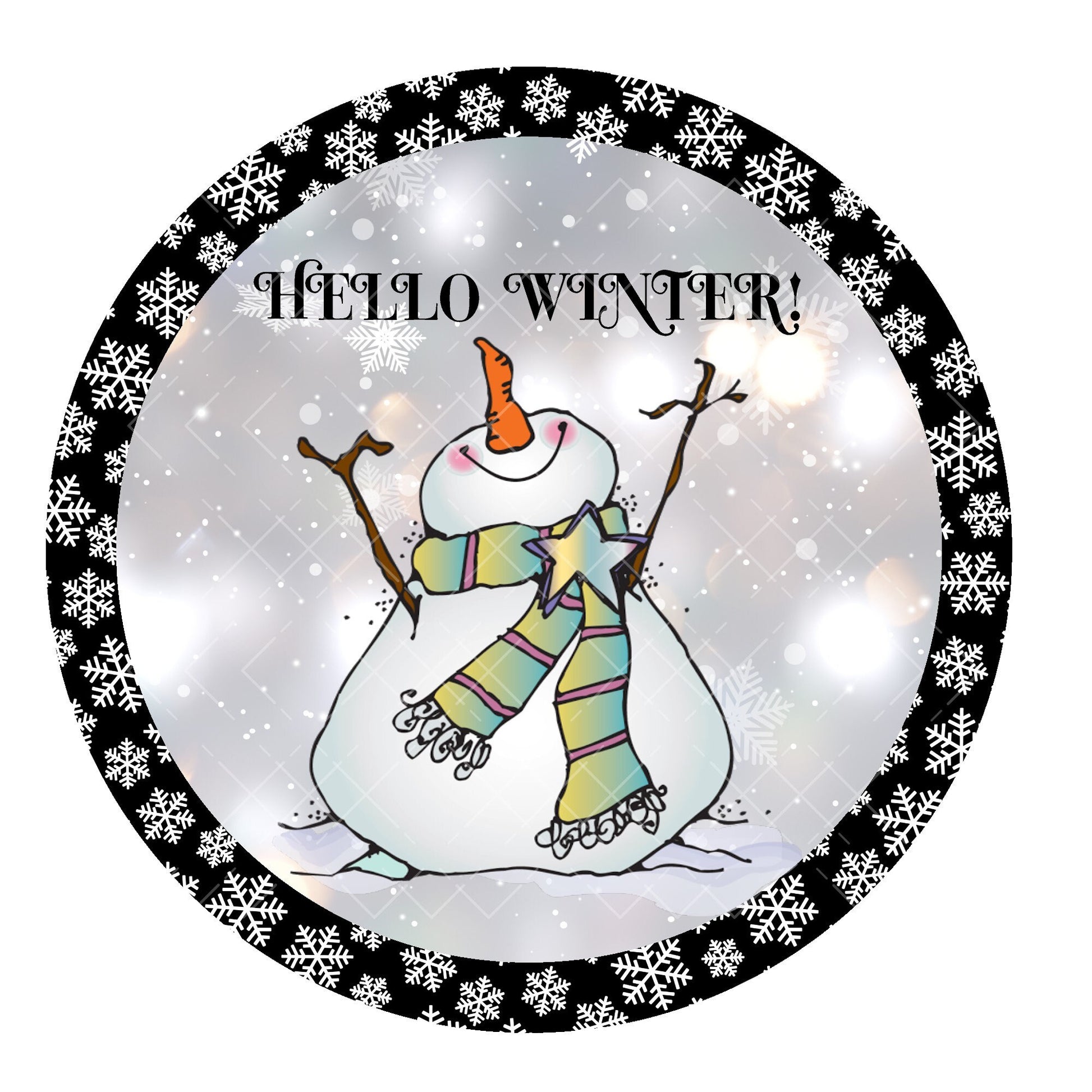 Hello winter snowman wreath sign, metal wreath sign, sign for wreaths, round wreath sign