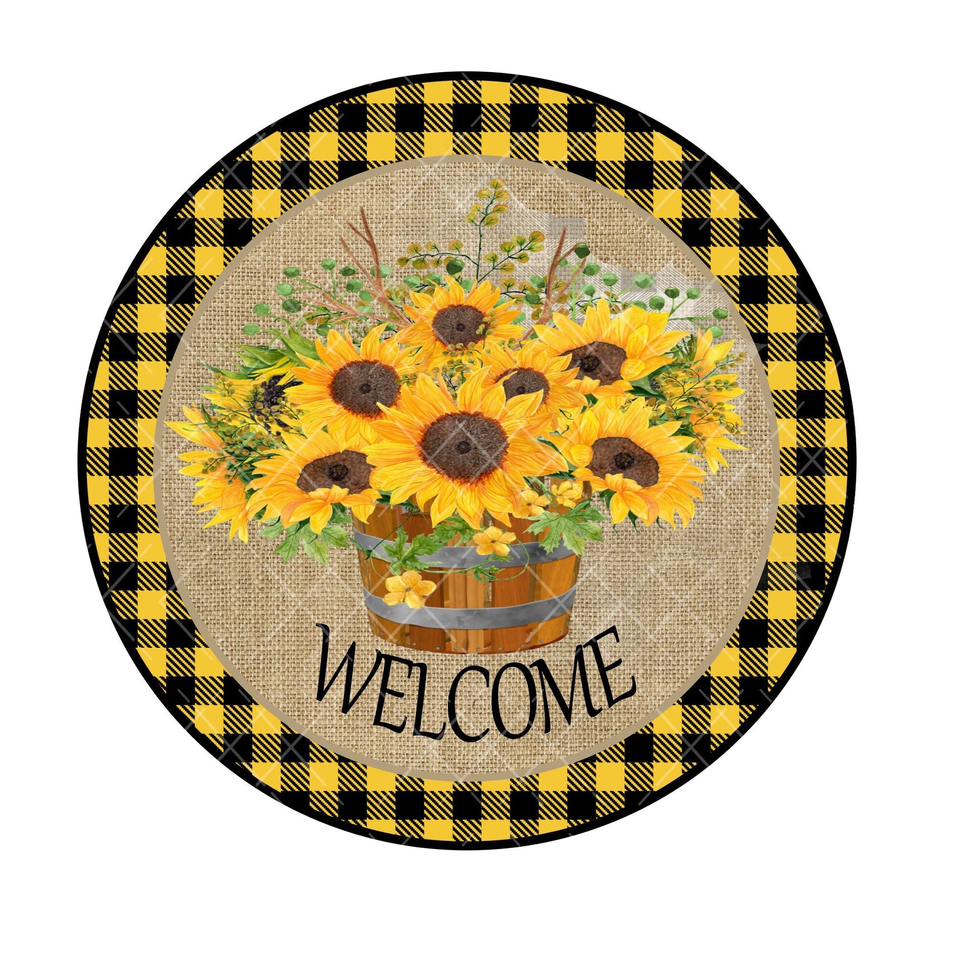 Round welcome sunflower barrel sign, wreath sign, wreath attachment, door hanging, metal sign