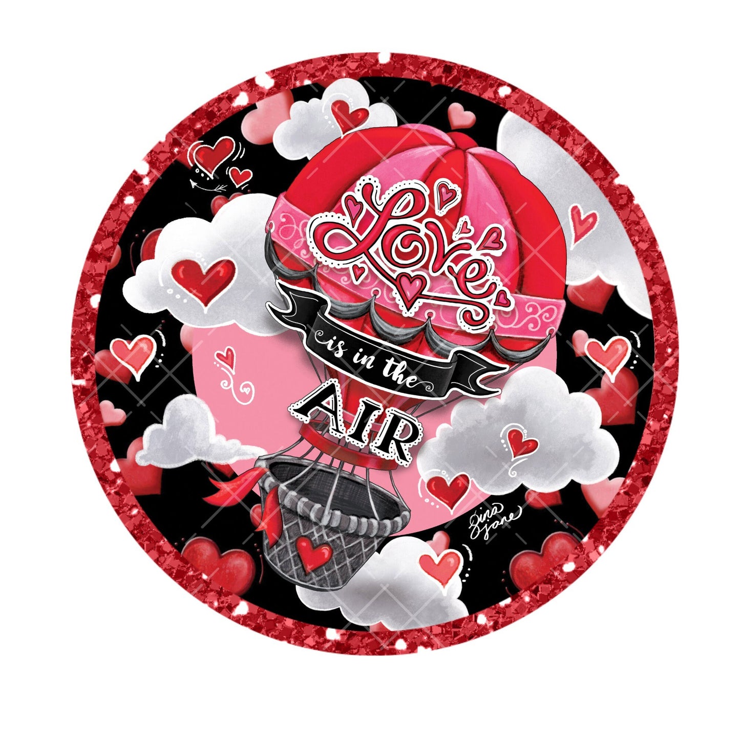 Love is in the air wreath sign, metal wreath sign, St Valentine Day wreath sign, round wreath sign