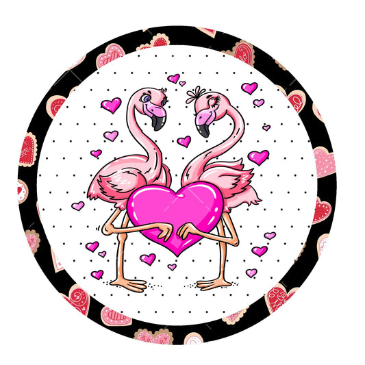 Flamingos with hearts valentine day wreath sign, metal wreath sign, round wreath sign, St Valentine's Day wreath sign