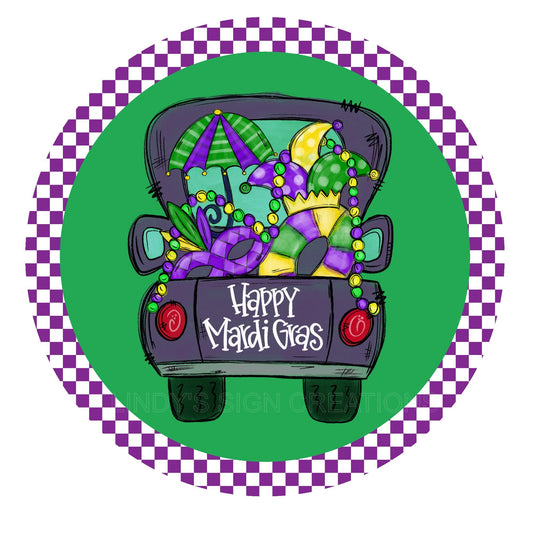 Happy mardi gras in purple truck wreath sign, metal wreath sign, round wreath sign, signs for wreaths, lindys sign creations