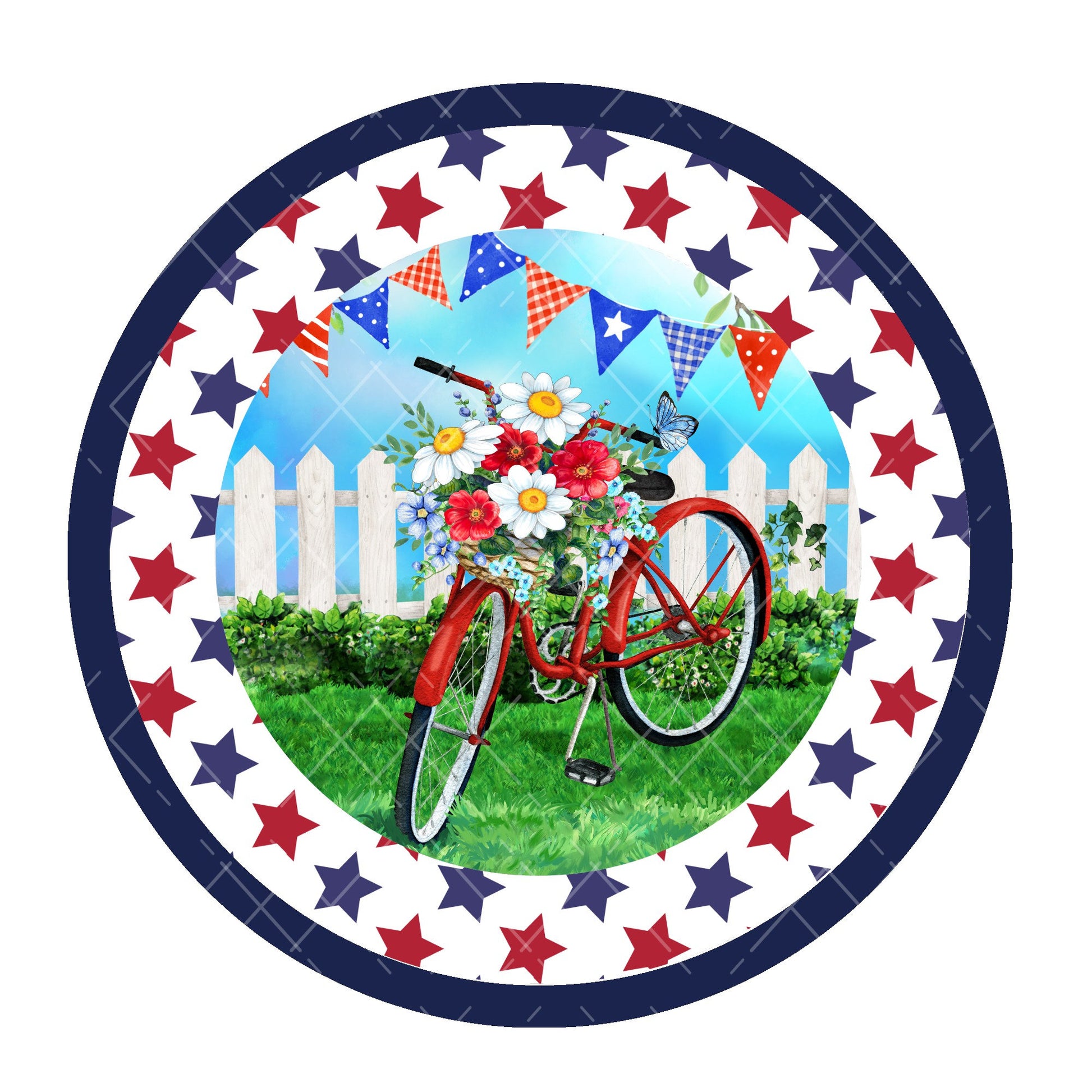 Patriotic bike wreath sign, metal wreath sign, summer wreath sign, round wreath center