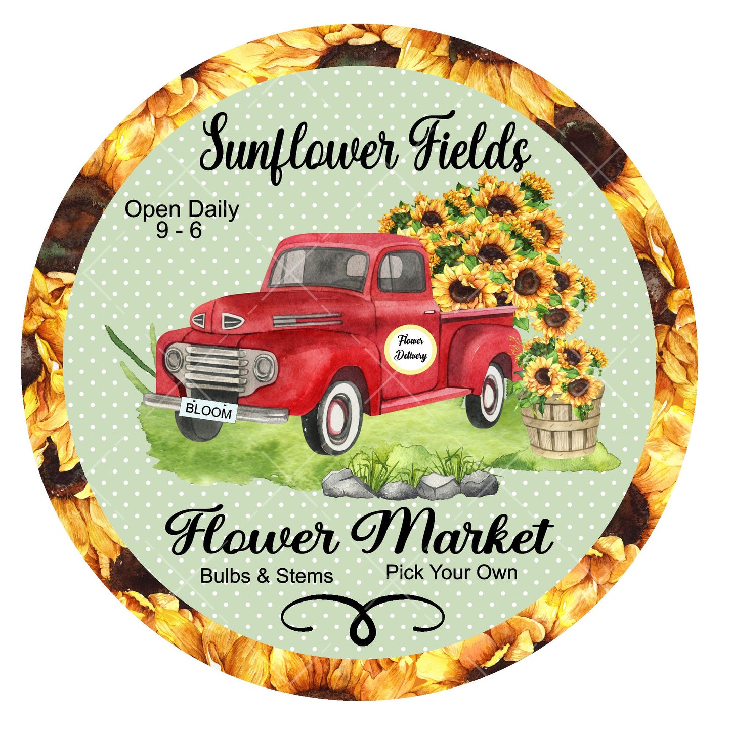 Red truck sunflower wreath sign, metal wreath sign, signs for wreaths, round wreath sign