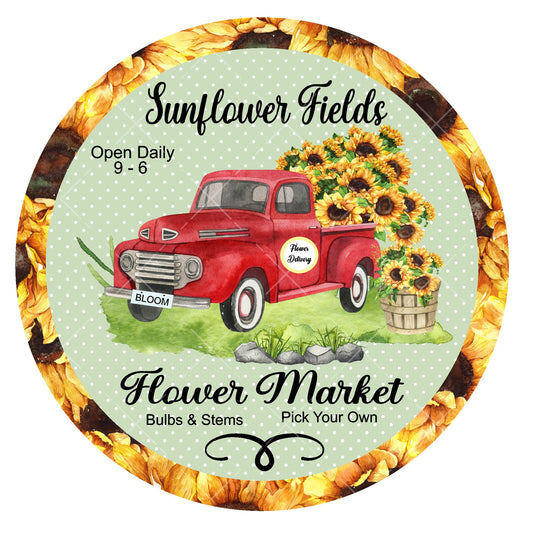 Red truck sunflower wreath sign, metal wreath sign, signs for wreaths, round wreath sign