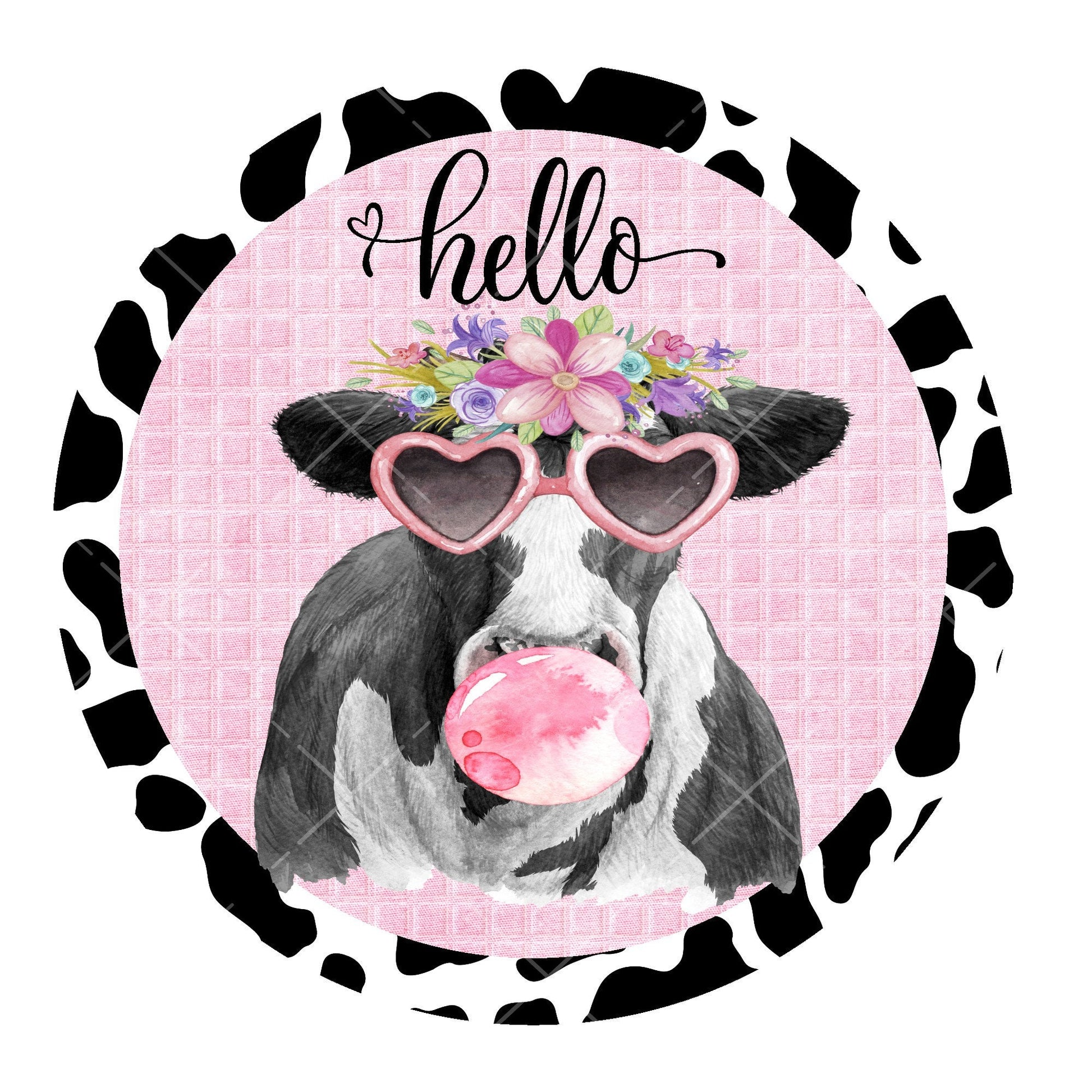 Cute cow with bubblegum wreath sign, metal wreath sign, signs for wreaths, round wreath sign, hello wreath sign