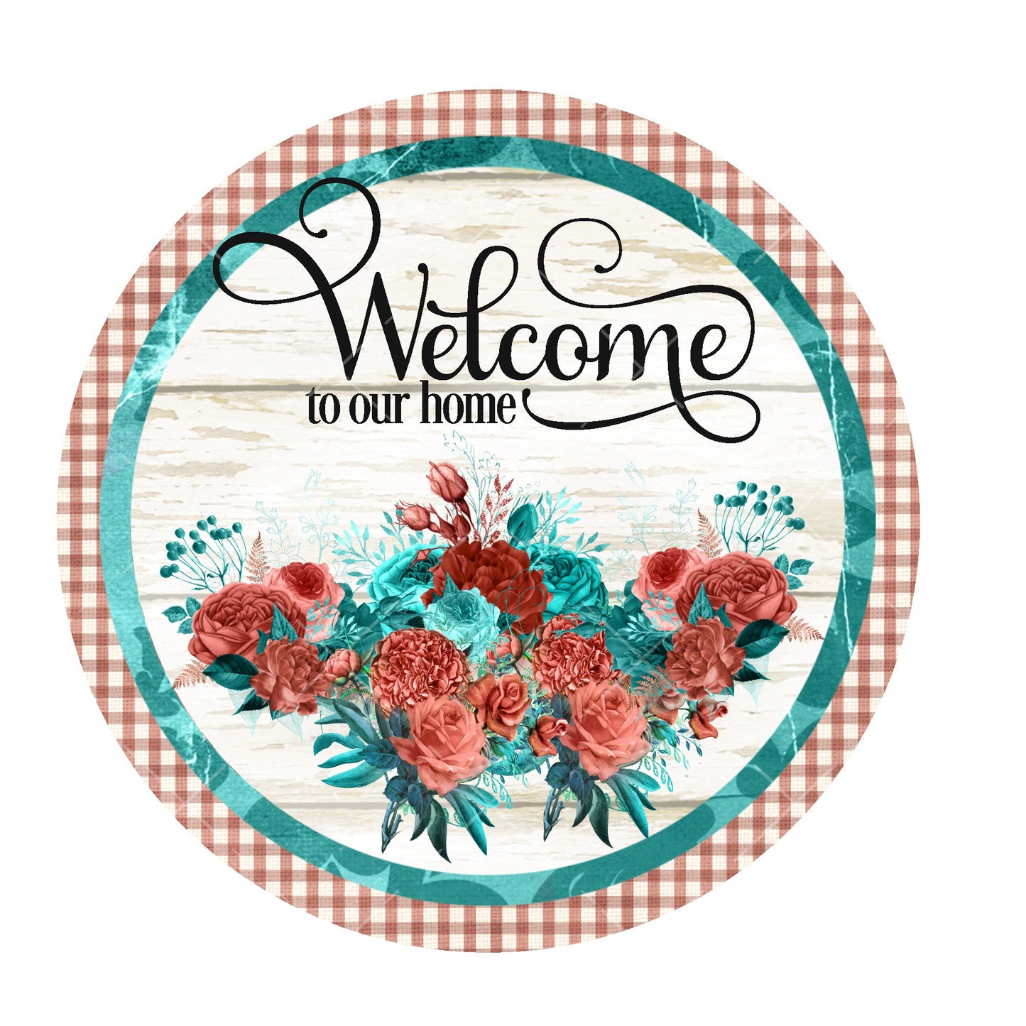 Turquoise and coral welcome to our home wreath sign, metal wreath sign, signs for wreaths, round wreath sign