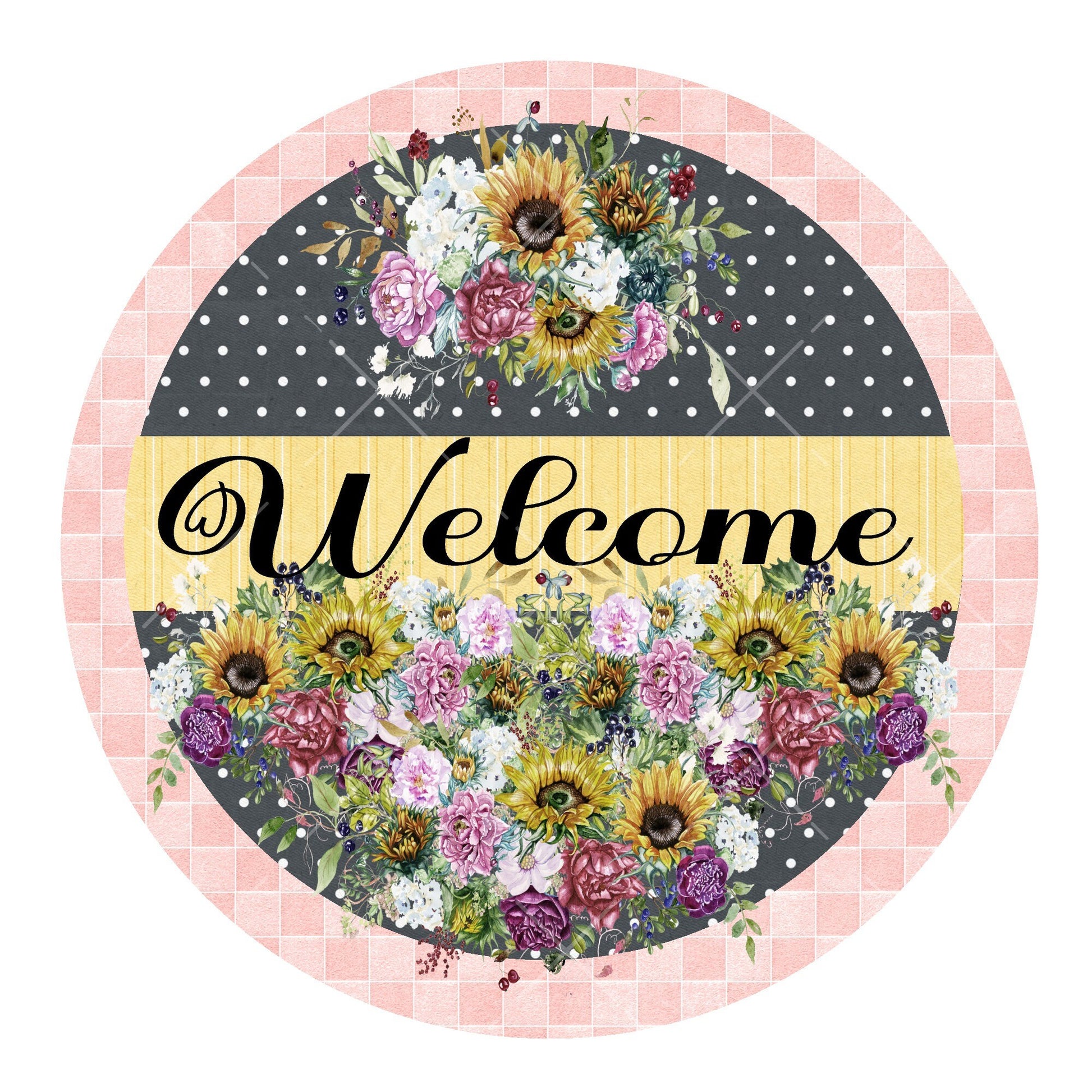 Welcome floral wreath sign, signs for wreaths, metal wreath sign, door hanging, round wreath sign