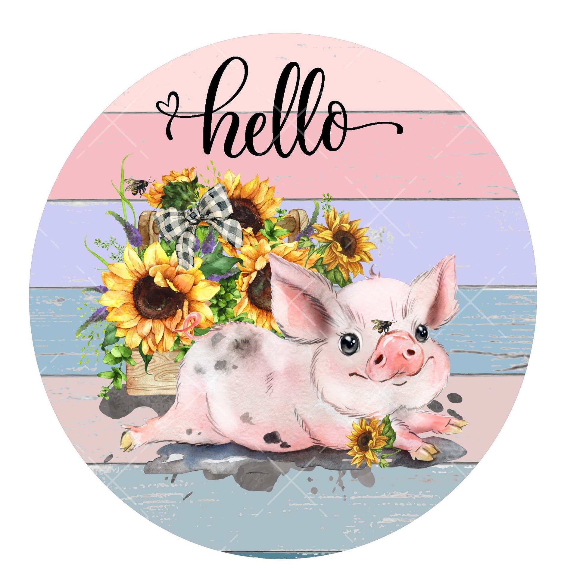 Cute piglet hello wreath sign, metal wreath sign, signs for wreaths, round wreath sign, door hanging